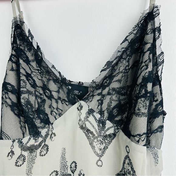 Miss Me Chandelier Print Ruched Lace Trim Slip Dress Beige Black Size Medium - Picture 4 of 12
